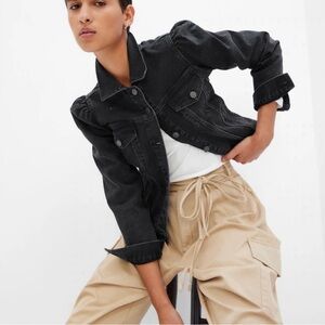 GAP Puff Sleeve Icon Denim Jacket in Black Wash Size Medium NWT
